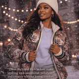 Flowery abstract women's bomber jacket with all-over floral print and ribbed trim — side view