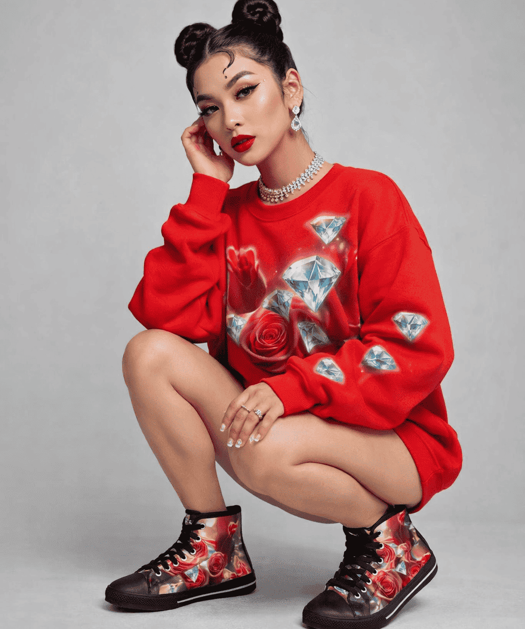 High-top women's sneakers with full-wrap floral diamond print and white sole