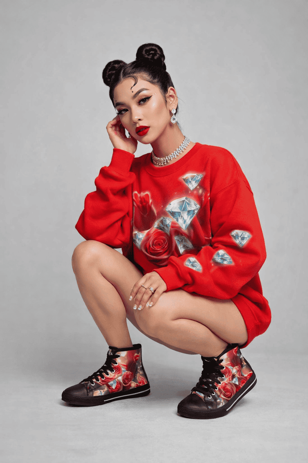 High-top women's sneakers with full-wrap floral diamond print and white sole