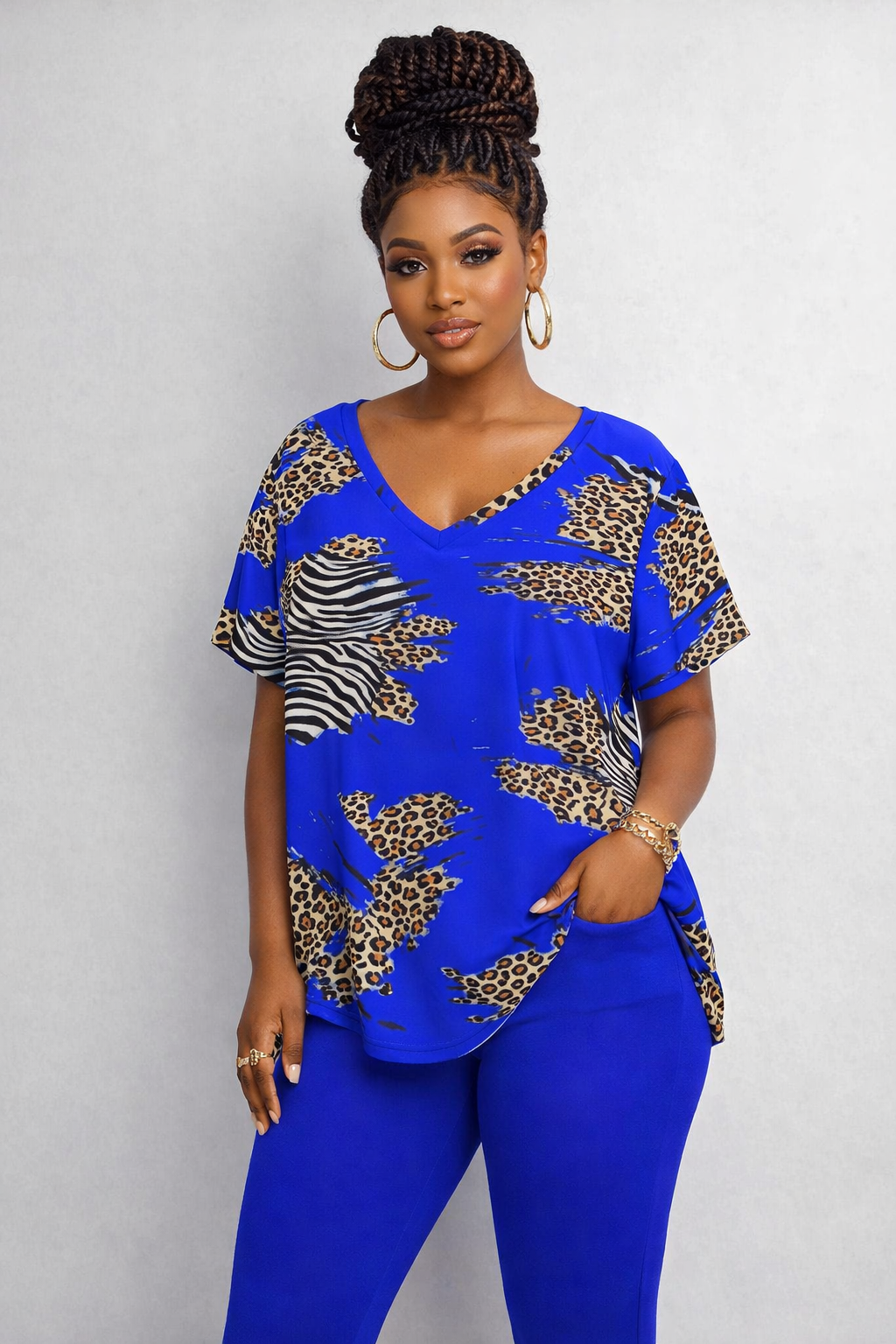 Rich and Rich Royal Blue Animal Print Women's Short-Sleeve V-Neck T-Shirt