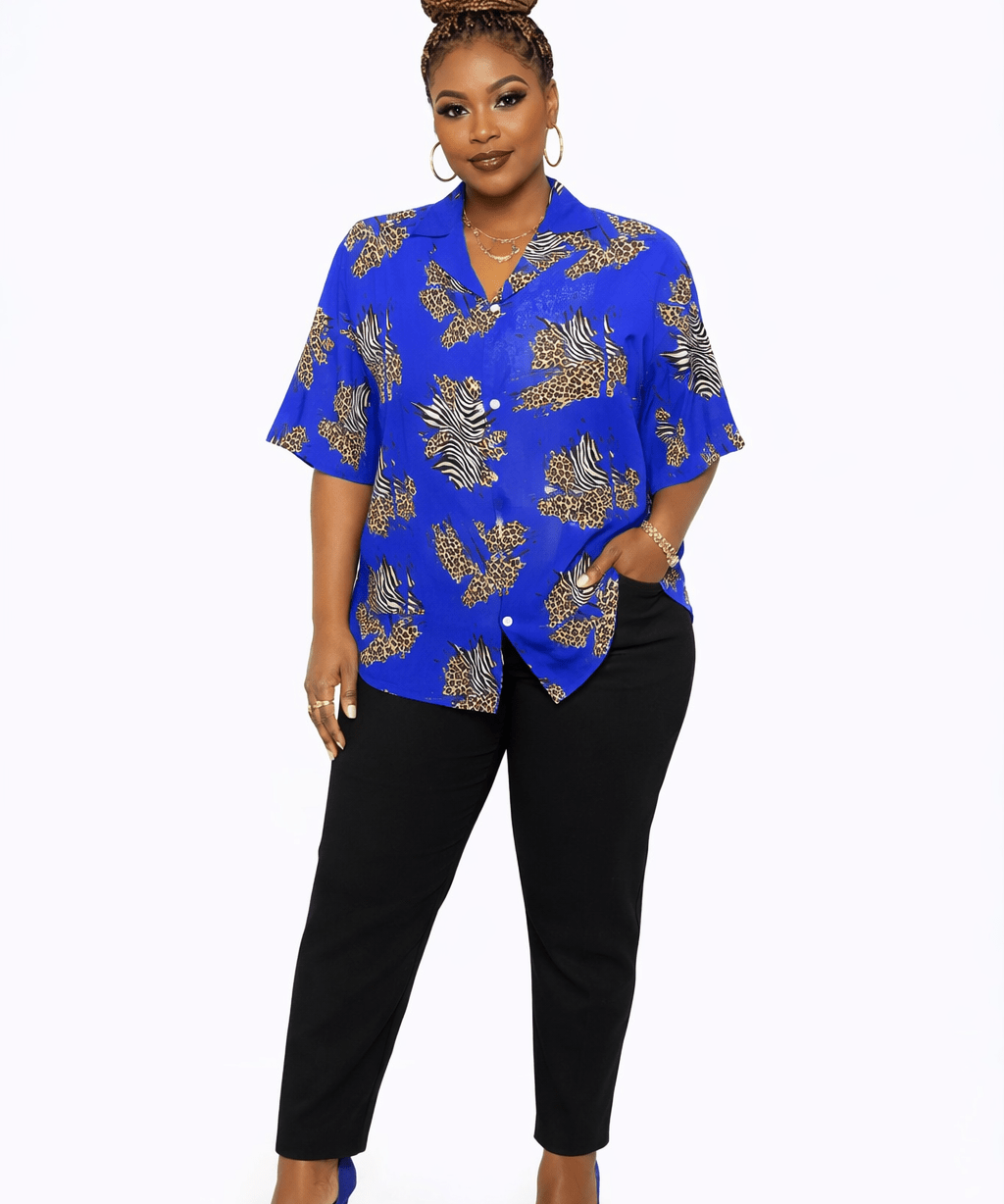 Women's royal blue animal print short-sleeve Hawaiian shirt with notch collar