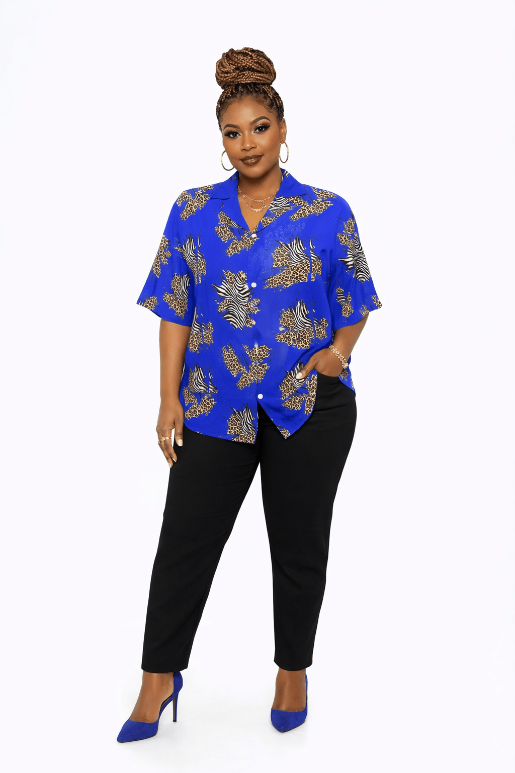 Women's royal blue animal print short-sleeve Hawaiian shirt with notch collar