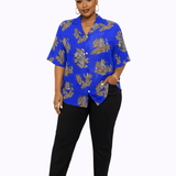 Women's royal blue animal print short-sleeve Hawaiian shirt with notch collar