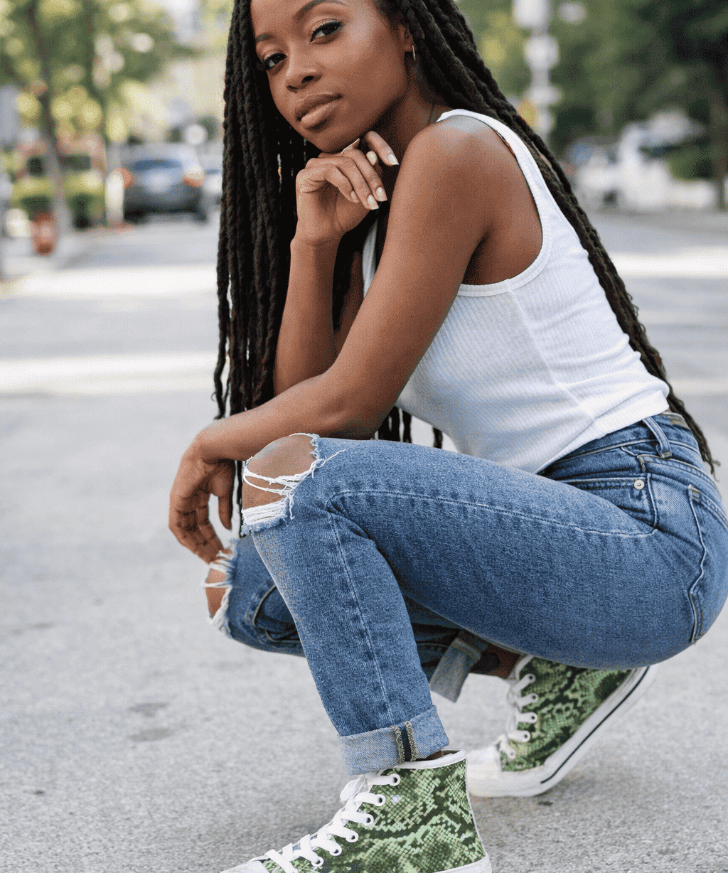 Green abstract canvas high-top women's sneaker with white trim and rubber sole