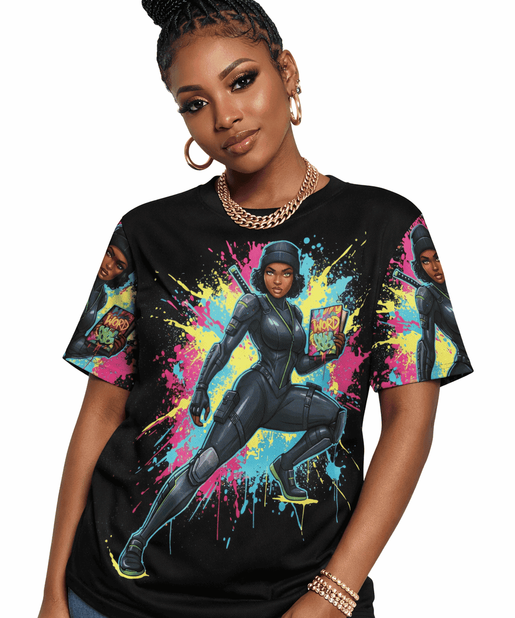 Black women's caricature t-shirt in breathable polyester mesh with relaxed fit