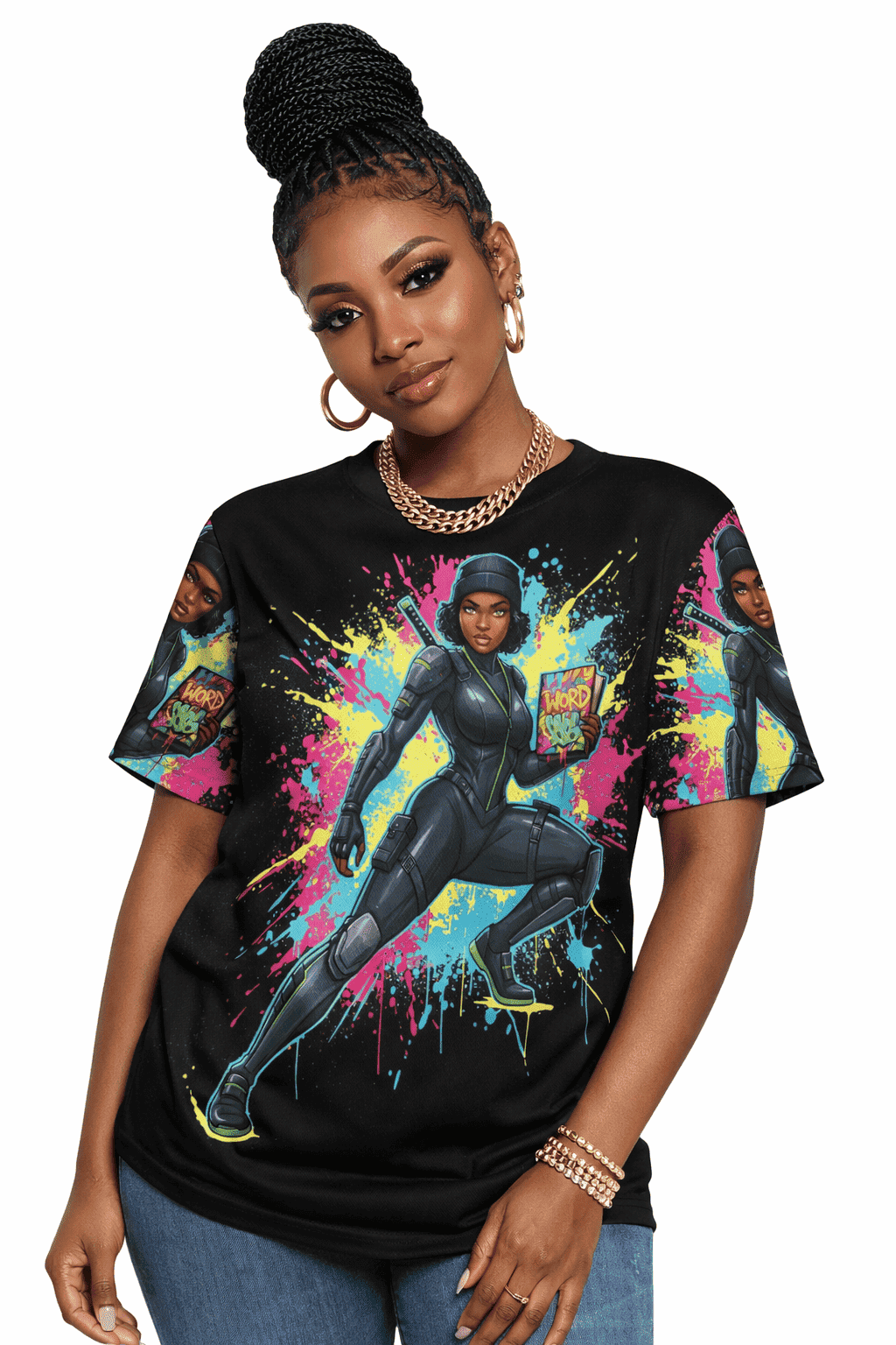 Black women's caricature t-shirt in breathable polyester mesh with relaxed fit