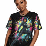 Black women's caricature t-shirt in breathable polyester mesh with relaxed fit