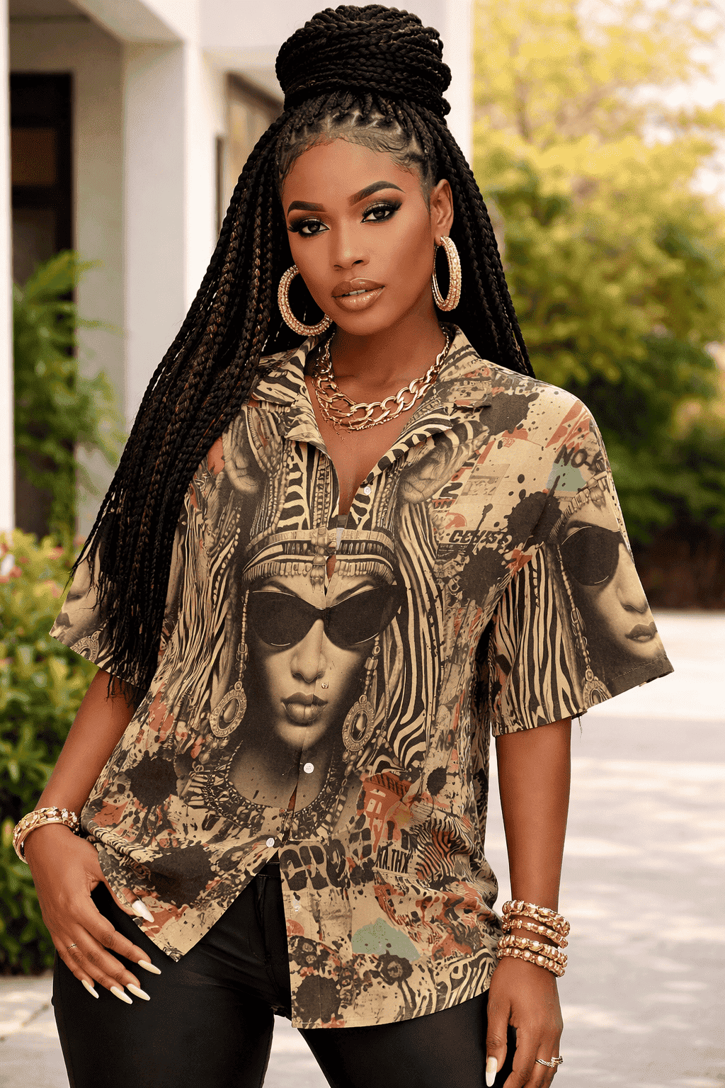 Women's retro-inspired short-sleeve stretch shirt with notch lapel and relaxed fit