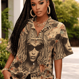 Women's retro-inspired short-sleeve stretch shirt with notch lapel and relaxed fit