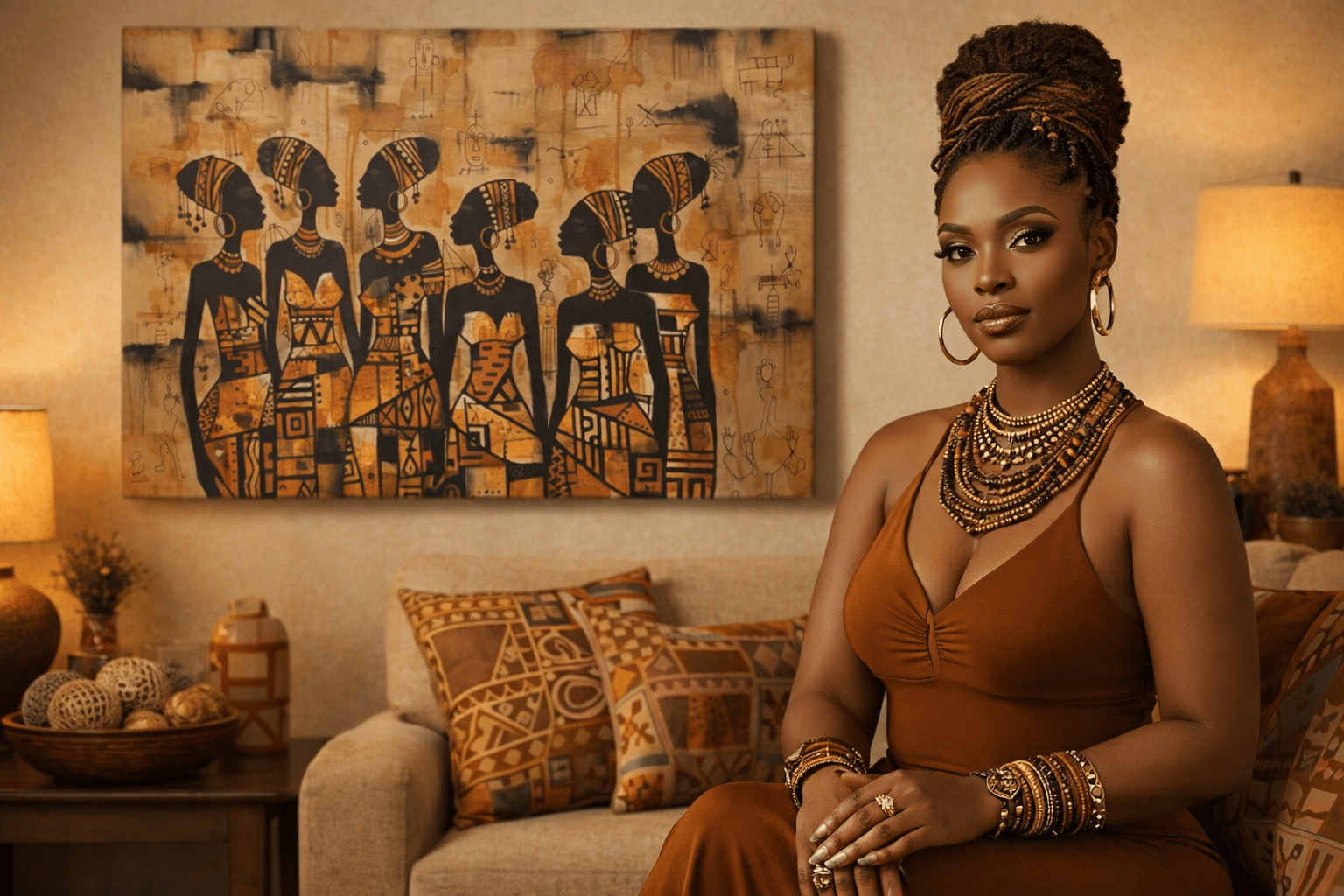 32 x 24 canvas wall art of African women in a group composition with rich colors