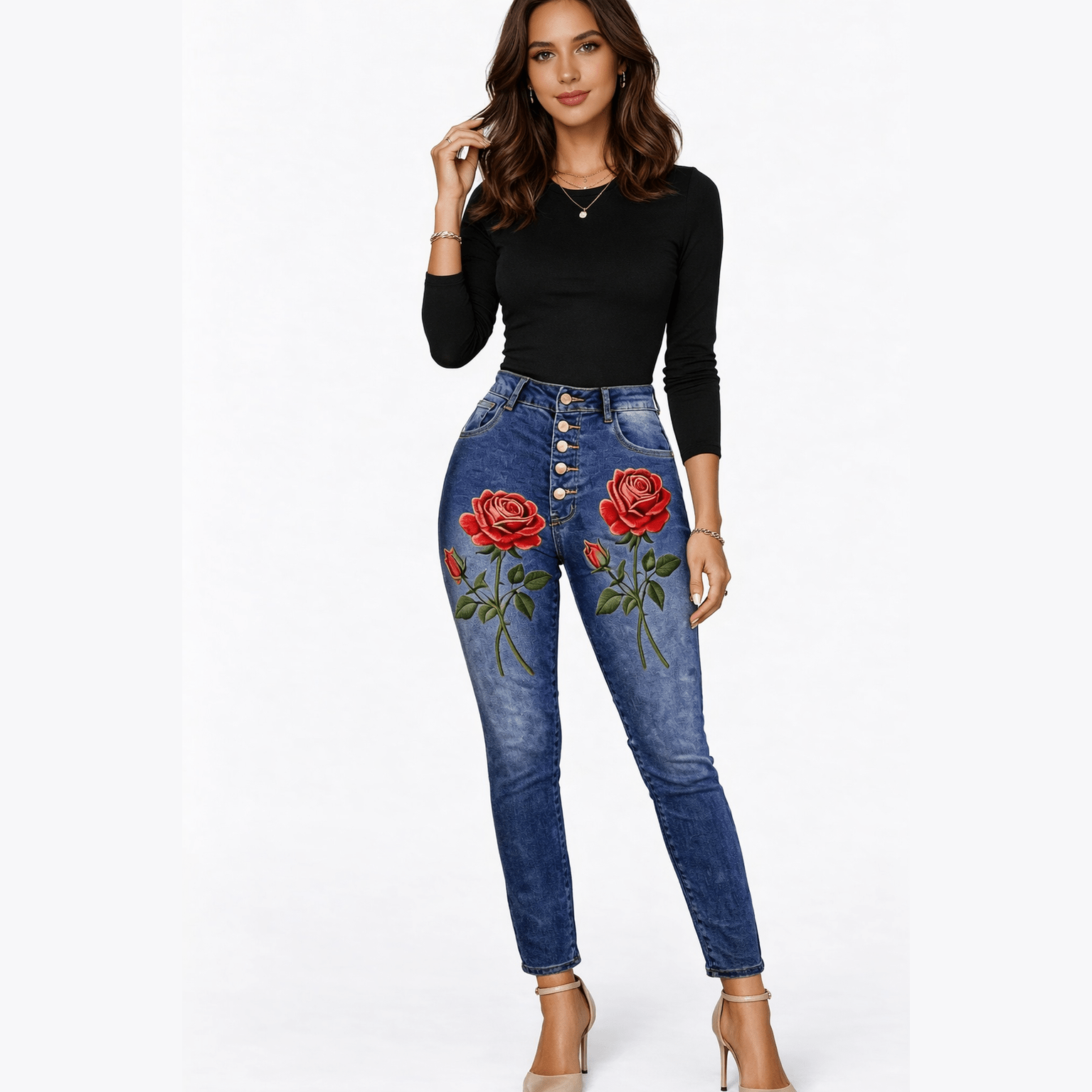 Women's high waist jeans with red roses front print and five-button fly