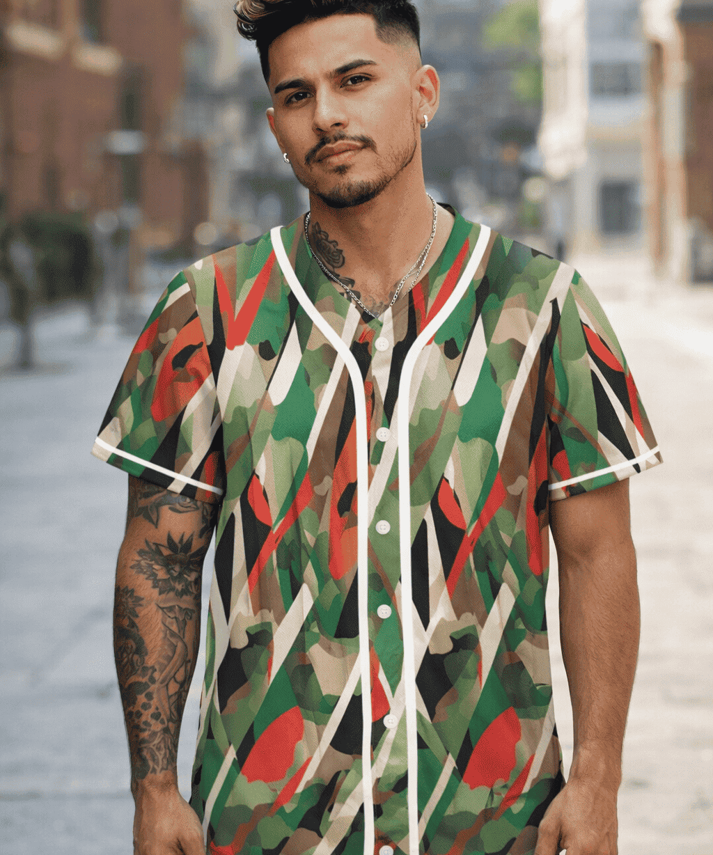 Men's camouflage baseball jersey in breathable polyester mesh with all-over print