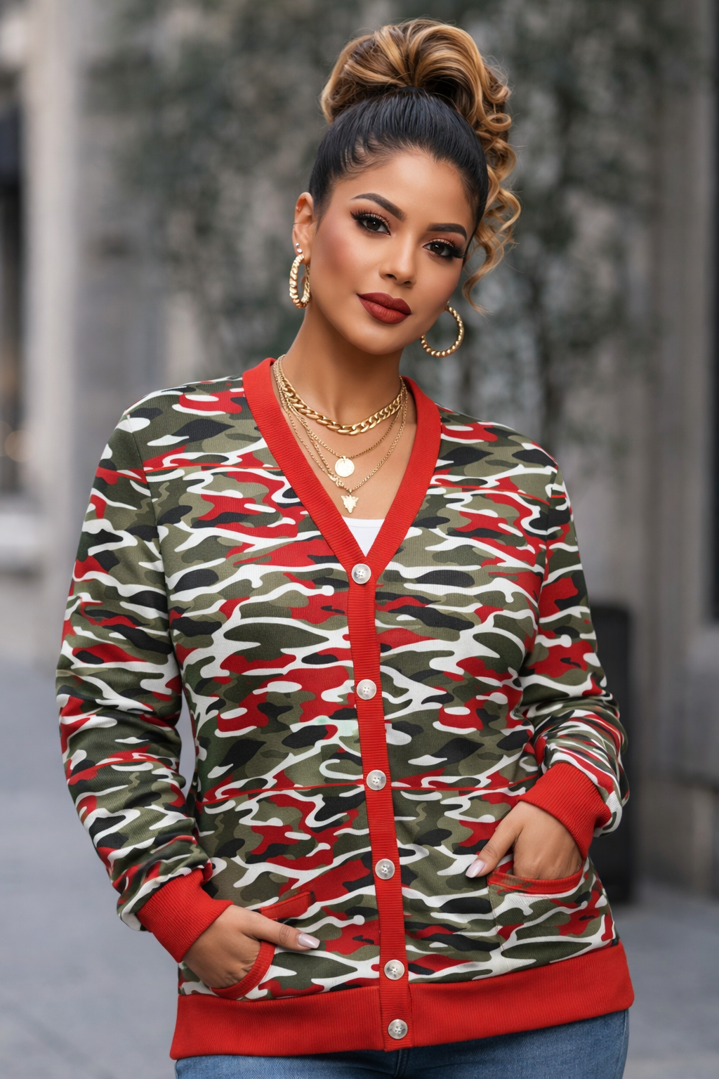 Rich and Rich Camouflage and Red Designer Sweater Women's Ribbed Cardigan