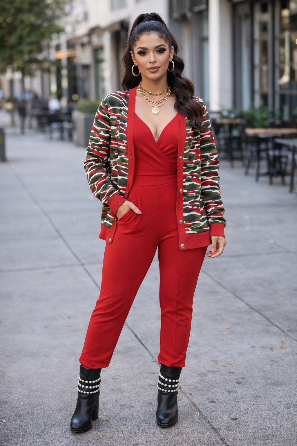 Rich and Rich Camouflage and Red Designer Sweater Women's Ribbed Cardigan