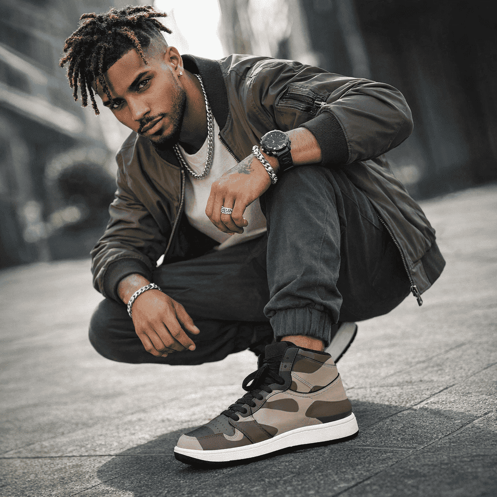 Camo green high-top men's sneakers with synthetic leather panels and rubber outsole — additional view 7