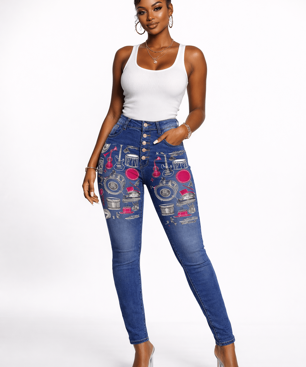 High-waist women's jeans with front musical embroidery and five-button zip fly — alternate view