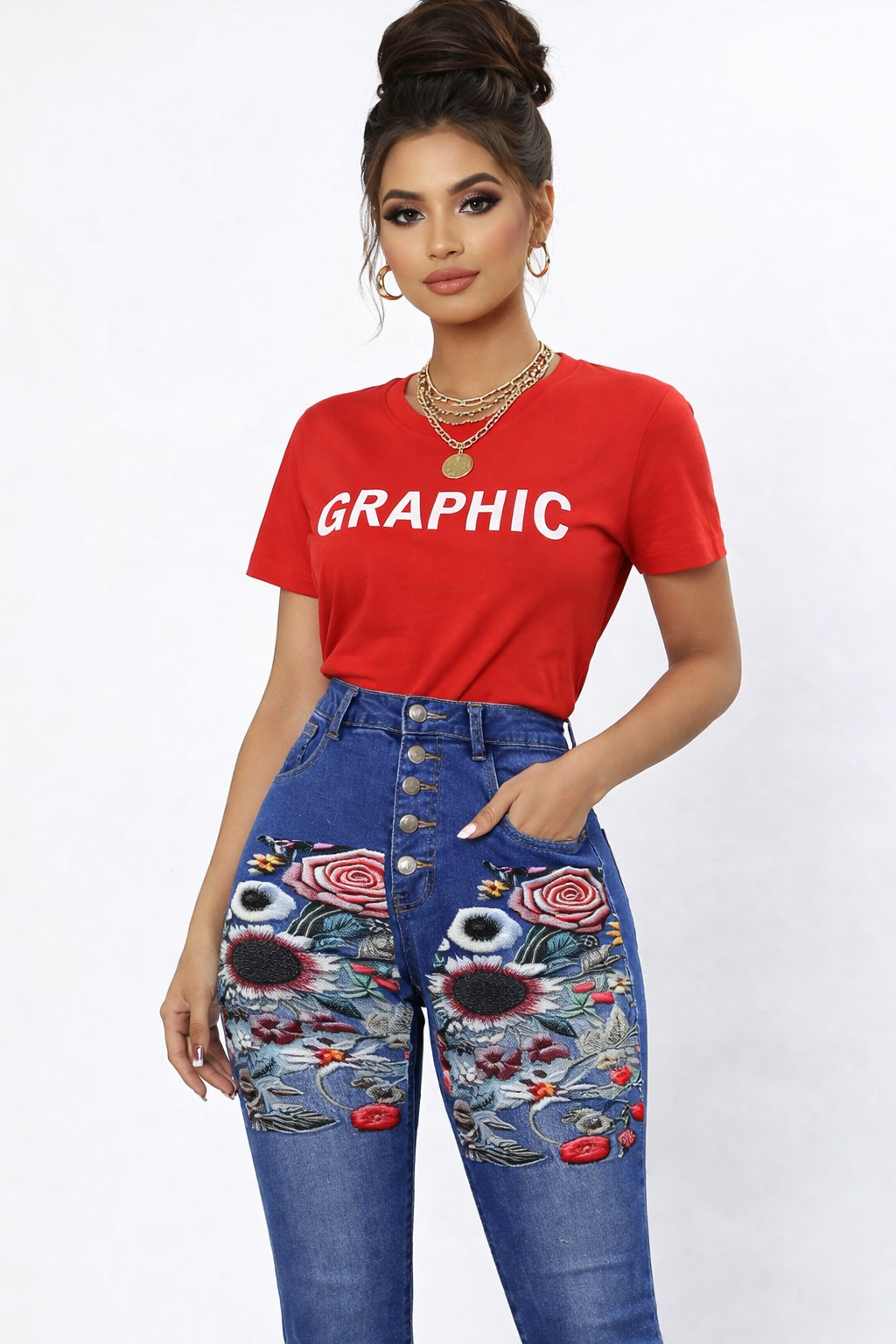 Rich and Rich Embroidery Look Musical Design Women's High Waisted Jeans