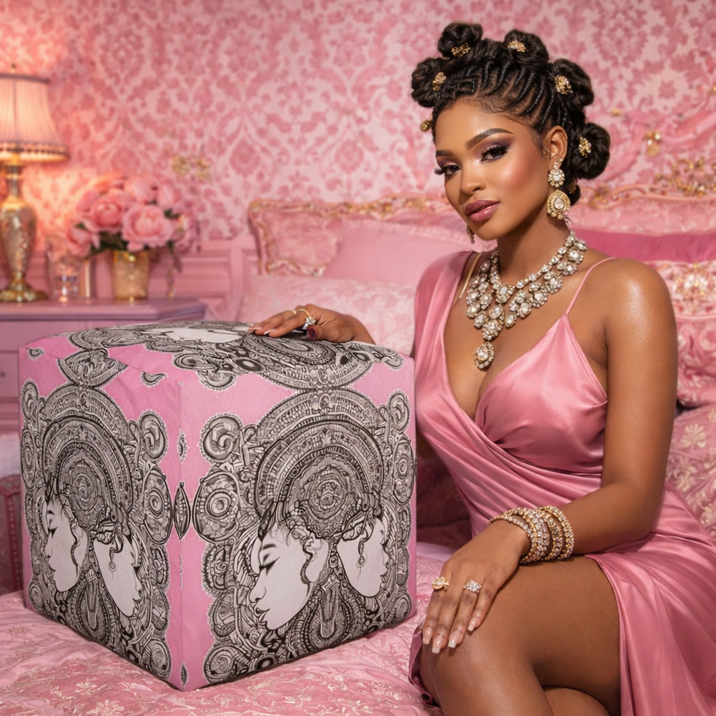 Rich and Rich Pink Destiny Designer Square Pouffe — Wearable Home Art