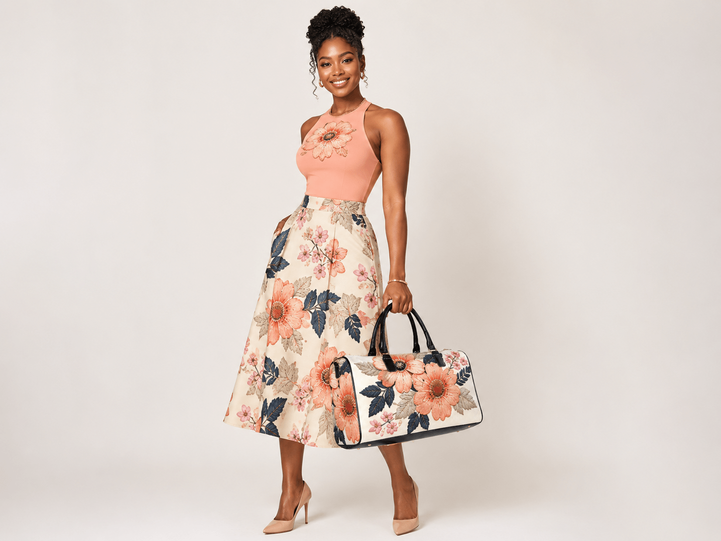 Beige floral 1200D nylon travel duffel with PU leather handles and adjustable shoulder strap — alternate view