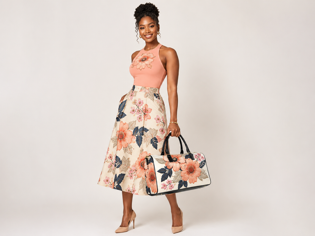 Rich and Rich Beige Floral Designer Leather Premium 1200D Nylon Travel Bag | Gym, Weekend & Overnight Duffel Bag