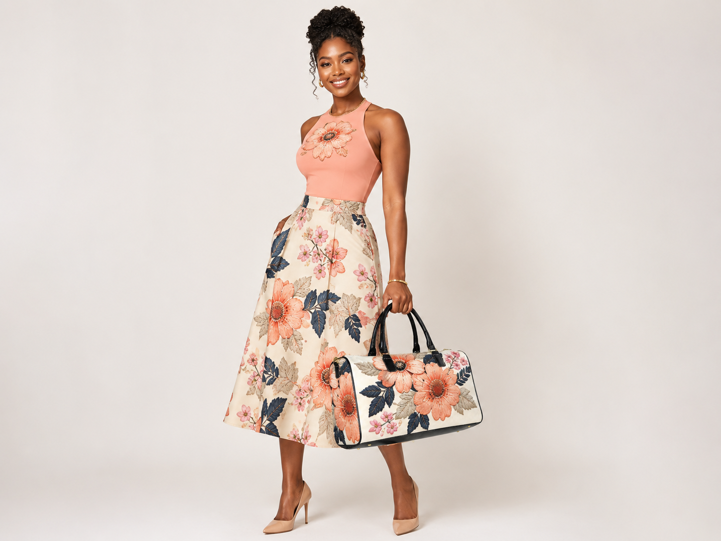 Rich and Rich Beige Floral Designer Leather Premium 1200D Nylon Travel Bag | Gym, Weekend & Overnight Duffel Bag