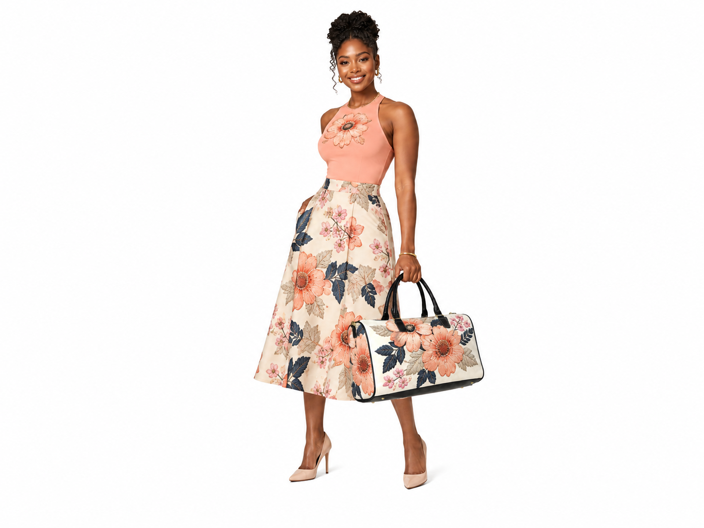 Rich and Rich Beige Floral Designer Leather Premium 1200D Nylon Travel Bag | Gym, Weekend & Overnight Duffel Bag