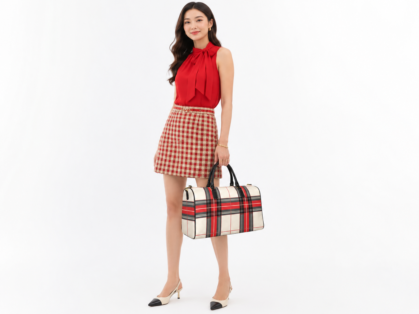 Rich and Rich Beige and Red Checkered Leather Premium 1200D Nylon Travel Bag for Gym & Travel