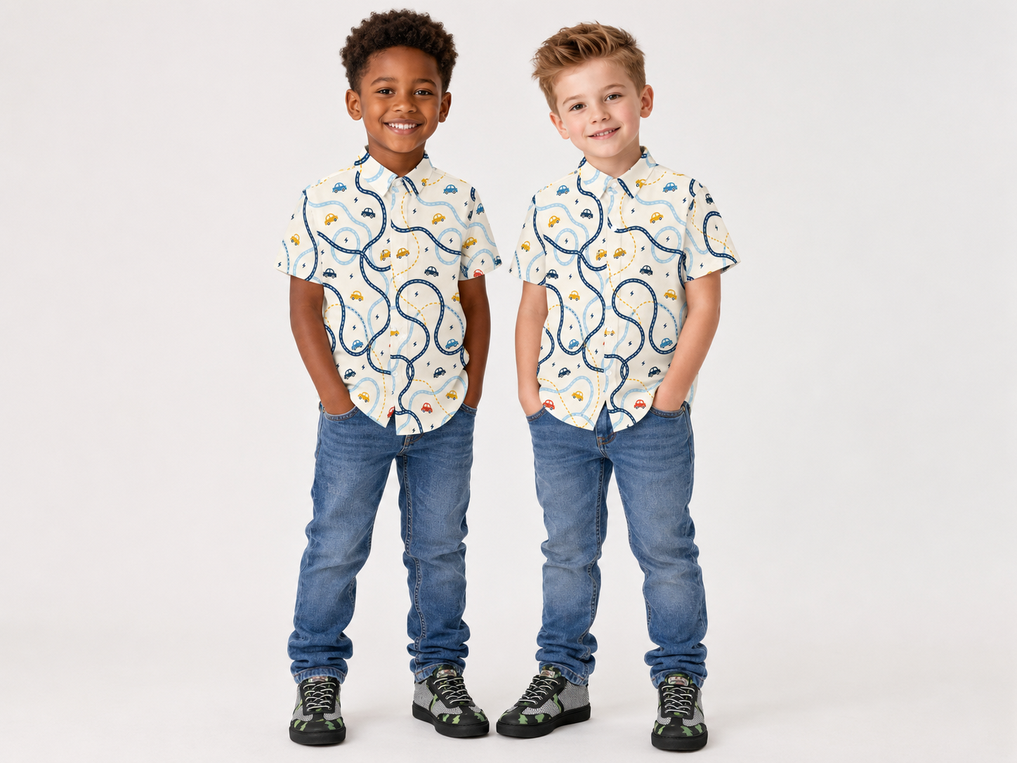 Rich and Rich Boys’ Cars Beige Summer Short Sleeve Stretch Shirt | Four-Way Stretch Kids Shirt