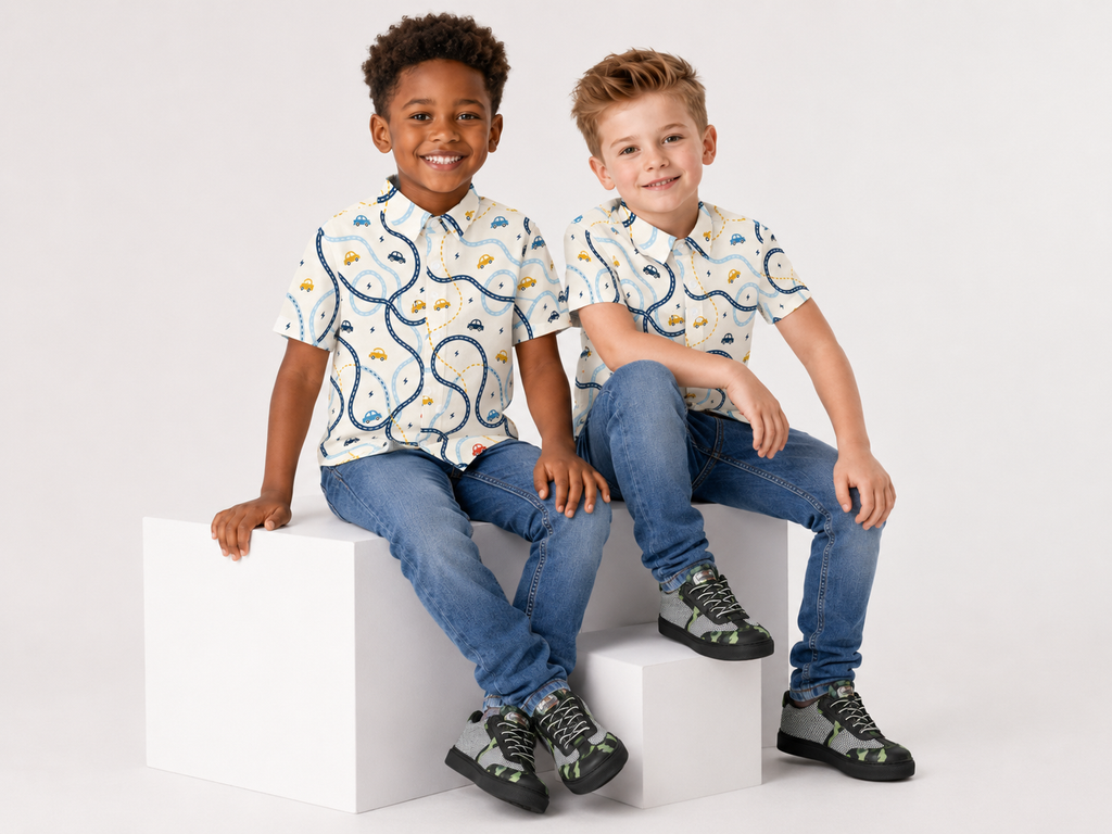 Rich and Rich Boys’ Cars Beige Summer Short Sleeve Stretch Shirt | Four-Way Stretch Kids Shirt