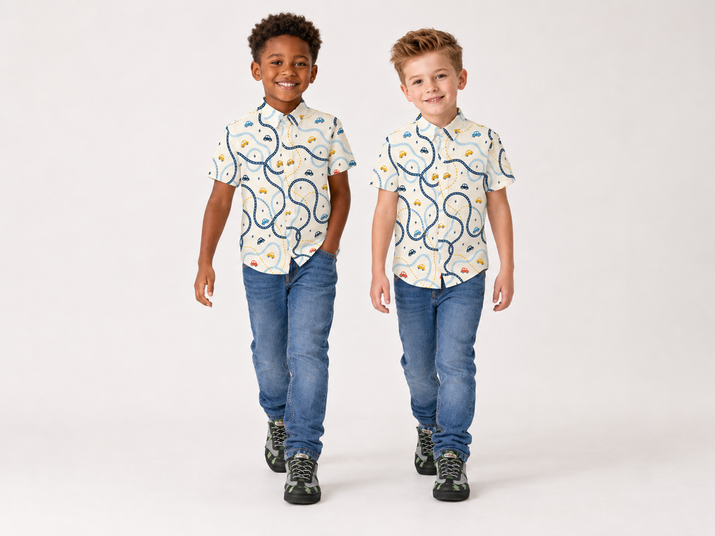 Rich and Rich Boys’ Cars Beige Summer Short Sleeve Stretch Shirt | Four-Way Stretch Kids Shirt