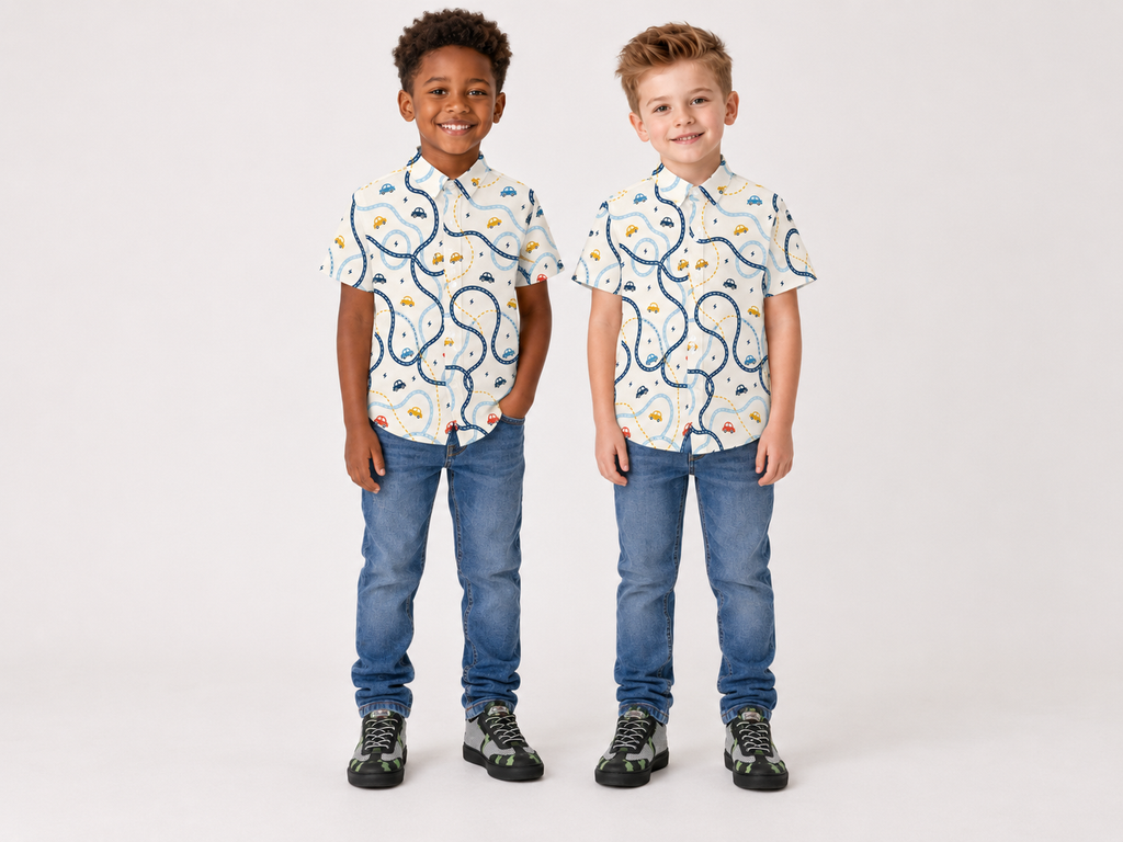 Rich and Rich Boys’ Cars Beige Summer Short Sleeve Stretch Shirt | Four-Way Stretch Kids Shirt