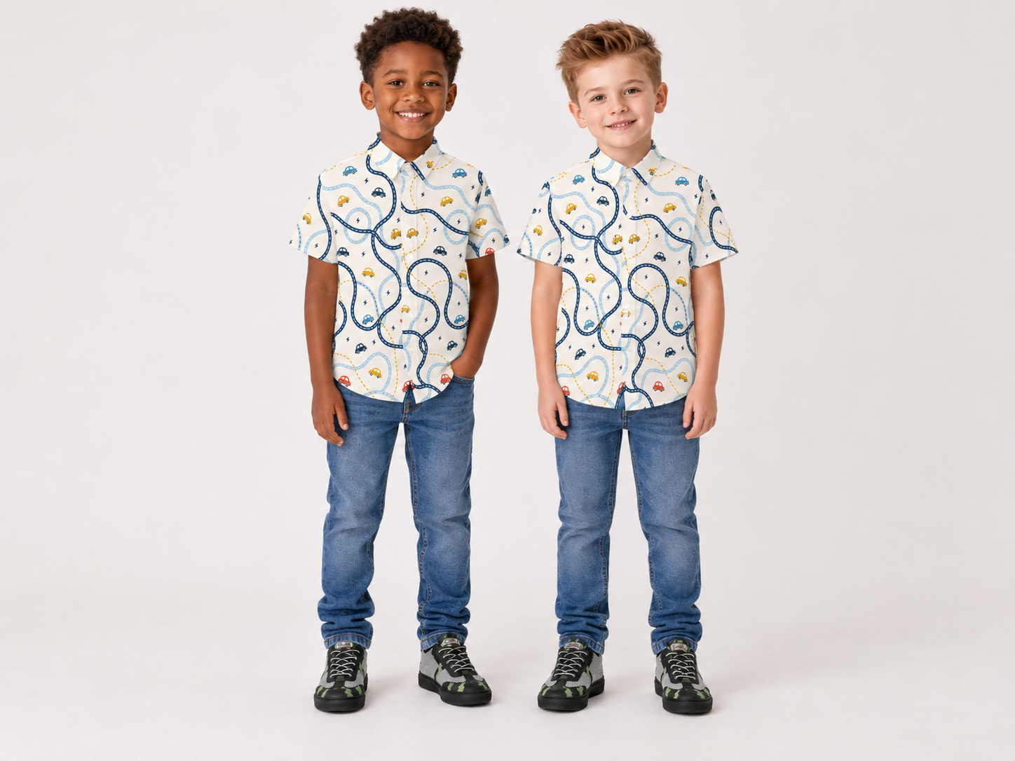 Rich and Rich Boys’ Cars Beige Summer Short Sleeve Stretch Shirt | Four-Way Stretch Kids Shirt