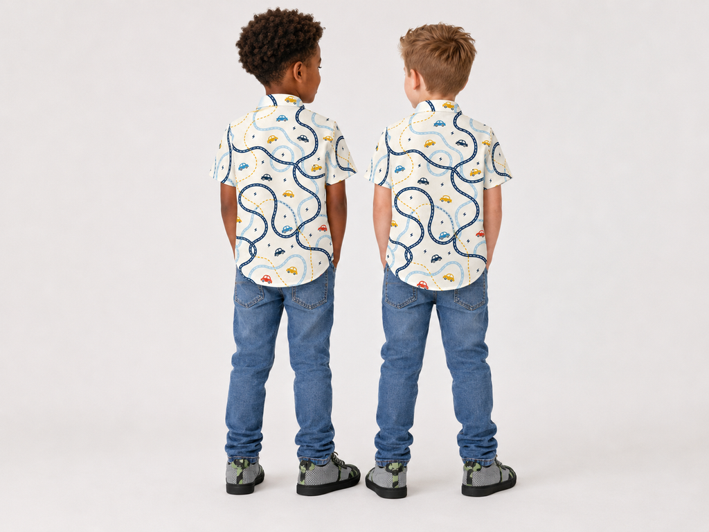 Rich and Rich Boys’ Cars Beige Summer Short Sleeve Stretch Shirt | Four-Way Stretch Kids Shirt