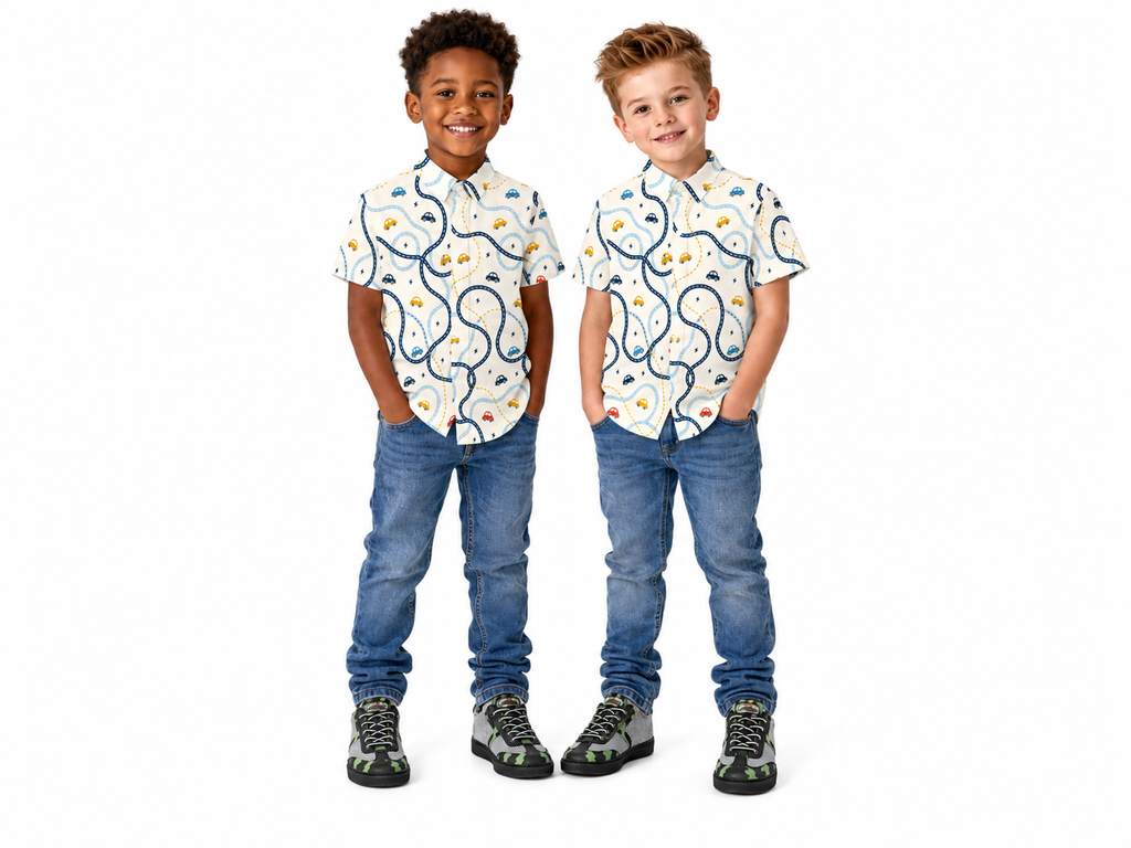 Rich and Rich Boys’ Cars Beige Summer Short Sleeve Stretch Shirt | Four-Way Stretch Kids Shirt