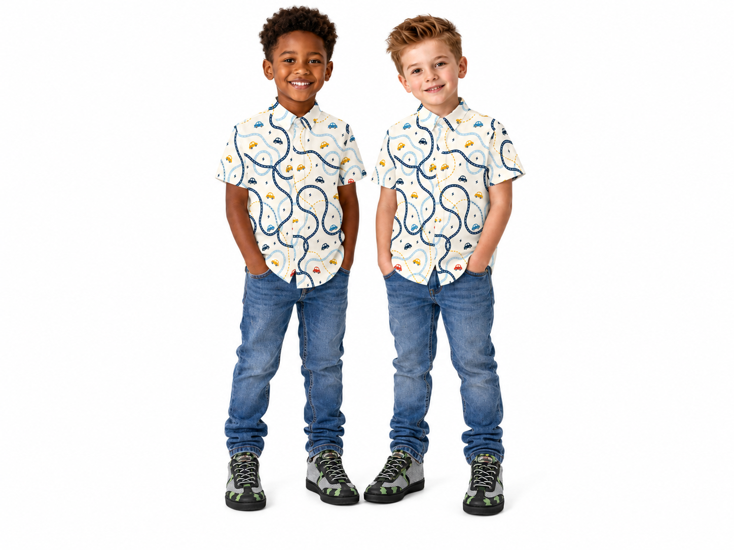 Rich and Rich Boys’ Cars Beige Summer Short Sleeve Stretch Shirt | Four-Way Stretch Kids Shirt