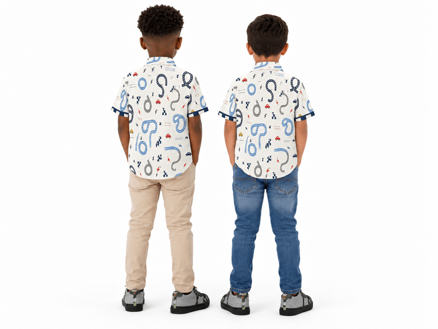 Beige and blue boys' short-sleeve shirt with cars motif and self-fabric cuff detail — additional view 6
