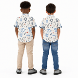 Beige and blue boys' short-sleeve shirt with cars motif and self-fabric cuff detail — additional view 6