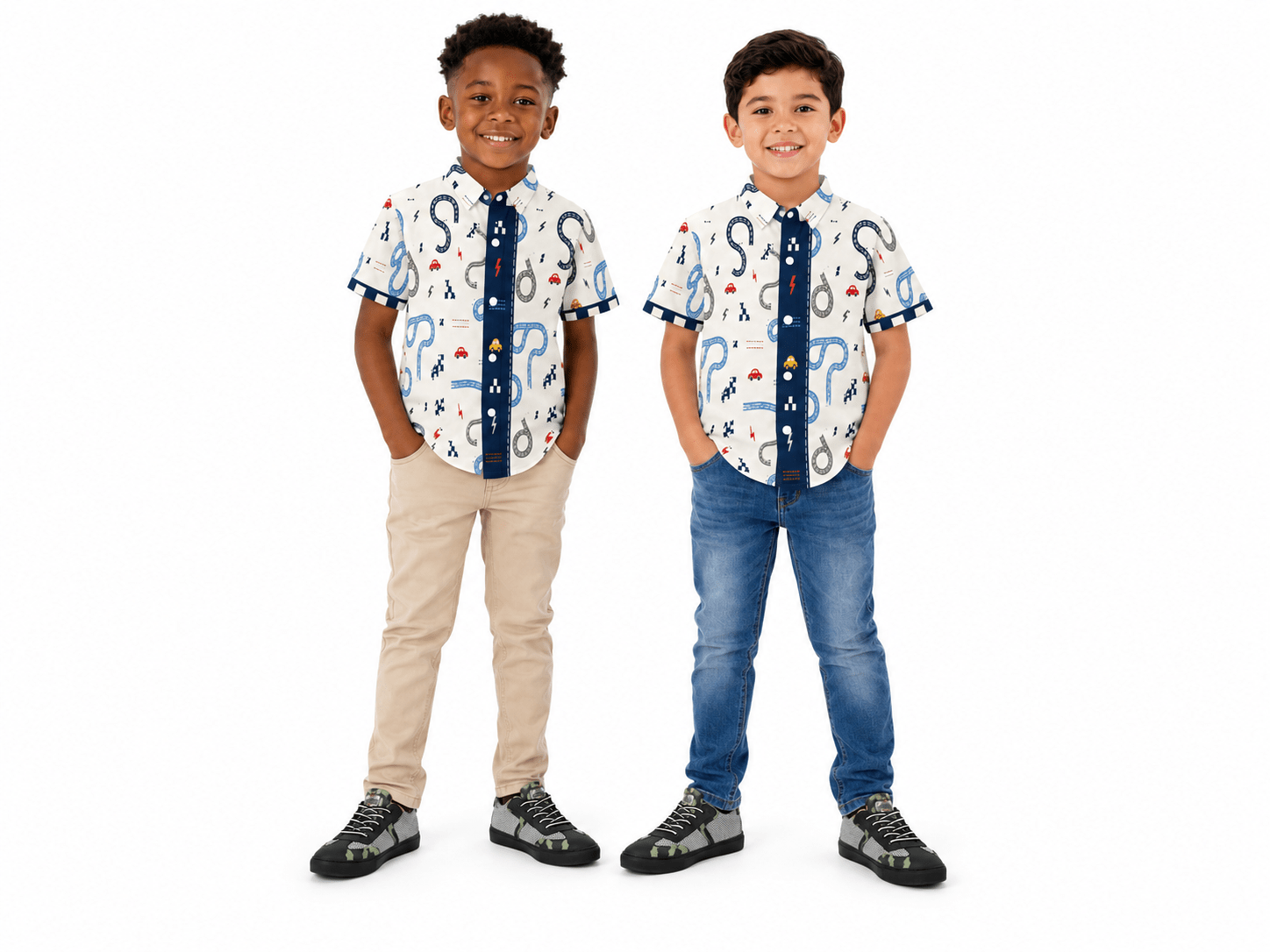 Beige and blue boys' short-sleeve shirt with cars motif and self-fabric cuff detail — product detail