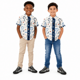 Beige and blue boys' short-sleeve shirt with cars motif and self-fabric cuff detail — product detail