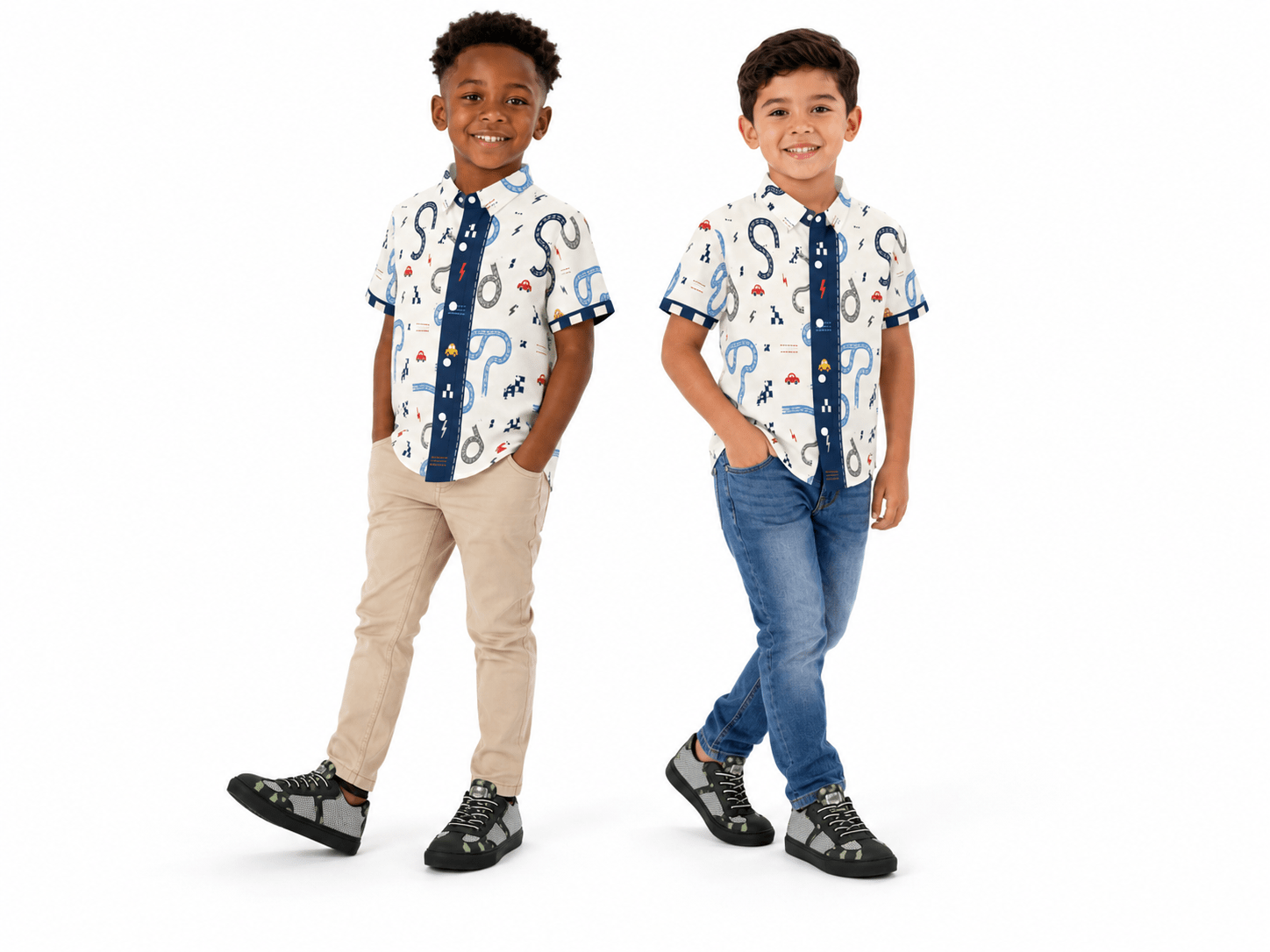 Beige and blue boys' short-sleeve shirt with cars motif and self-fabric cuff detail — side view