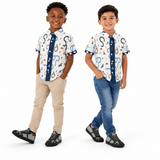 Beige and blue boys' short-sleeve shirt with cars motif and self-fabric cuff detail — side view