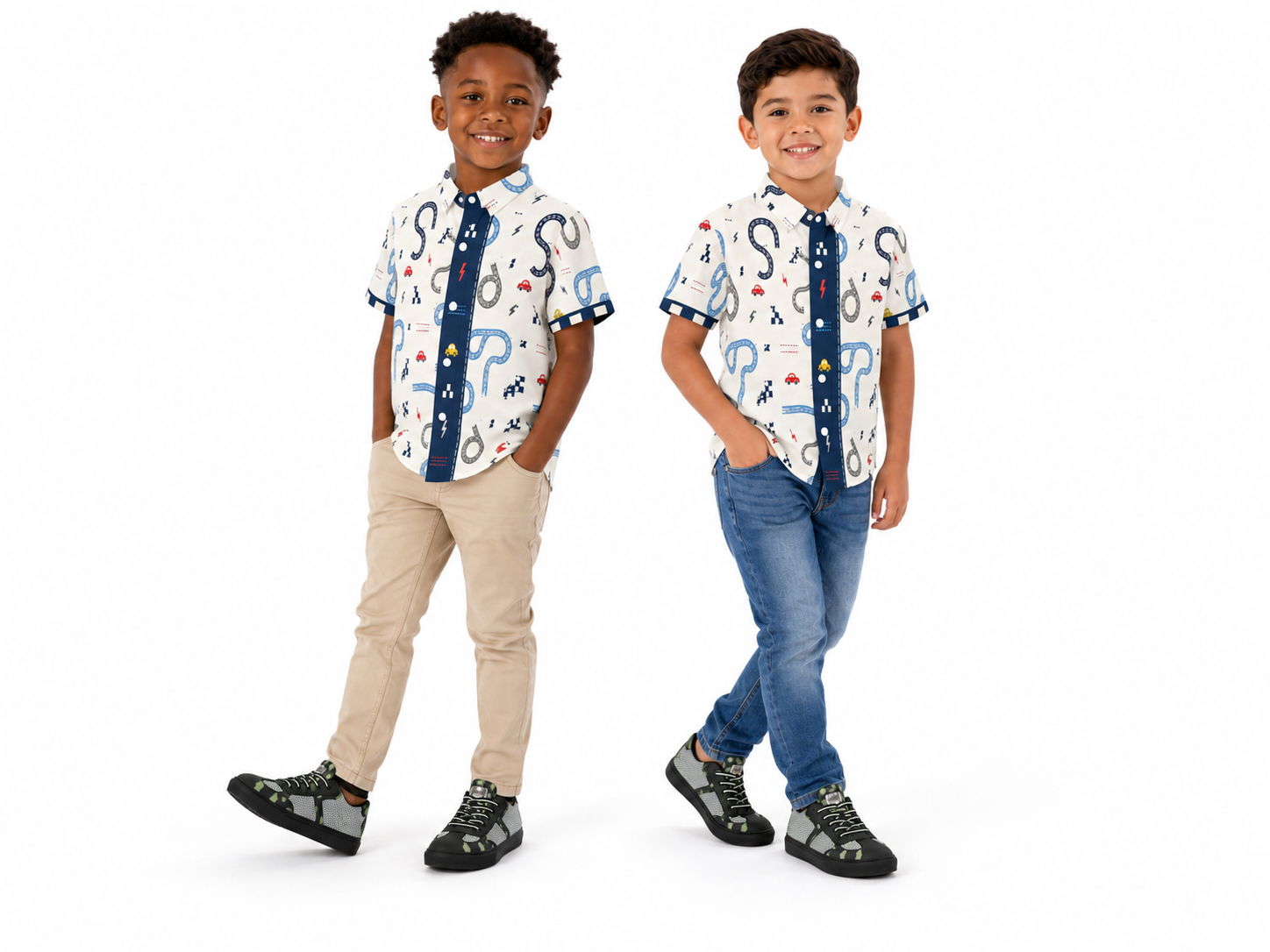 Rich and Rich Boy's Cars Beige Blue Short Sleeved Shirt