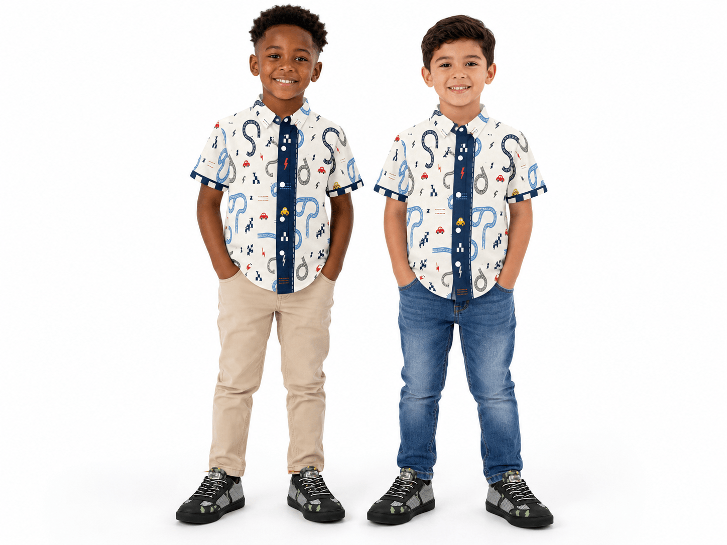 Beige and blue boys' short-sleeve shirt with cars motif and self-fabric cuff detail