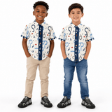 Beige and blue boys' short-sleeve shirt with cars motif and self-fabric cuff detail