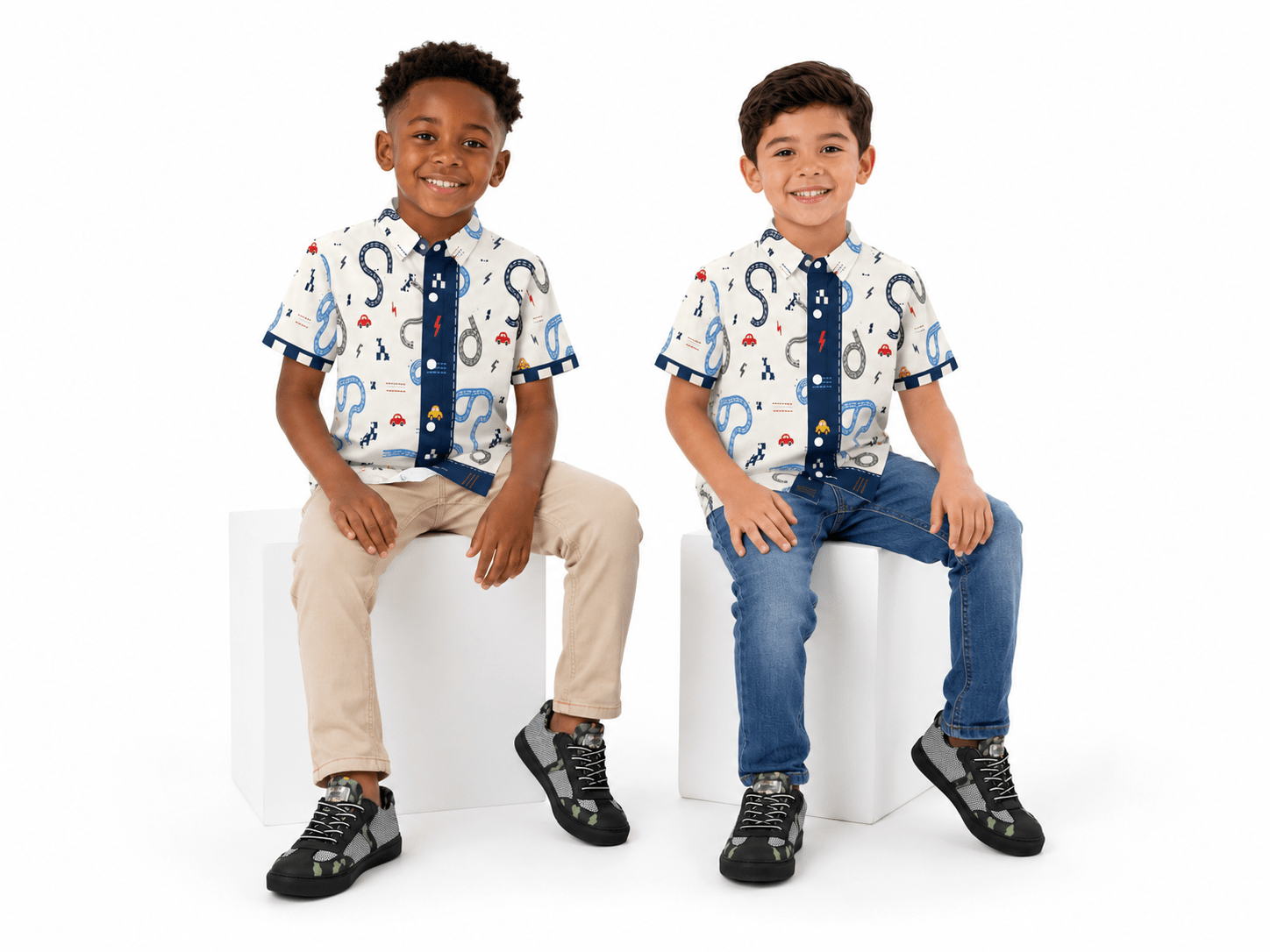 Beige and blue boys' short-sleeve shirt with cars motif and self-fabric cuff detail — alternate view