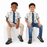Beige and blue boys' short-sleeve shirt with cars motif and self-fabric cuff detail — alternate view