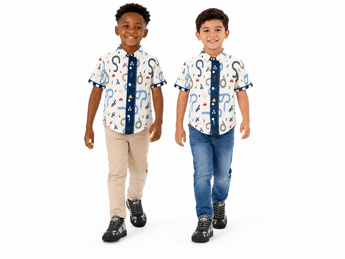 Beige and blue boys' short-sleeve shirt with cars motif and self-fabric cuff detail — rear view