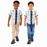 Beige and blue boys' short-sleeve shirt with cars motif and self-fabric cuff detail — rear view