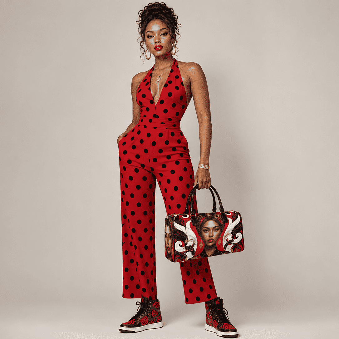 Red caricature large-capacity 1200D nylon travel duffel with PU leather top handle and adjustable strap — rear view