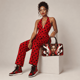 Red caricature large-capacity 1200D nylon travel duffel with PU leather top handle and adjustable strap — alternate view